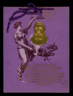 Dinner in honor of Sir William Henry Perkin by his American friends to commemorate the 50th anniversary of his discovery of the dyestuff mauve on Saturday, the sixth of October one thousand, nine hundred and six at Delmonico's.