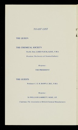 Anniversary dinner : The Adelphi Hotel, Liverpool : Thursday April 13th 1961 at 7.30 for 8 p.m. : the president Sir Alexander Todd, M.A., D.Sc., F.R.S. in the chair / the Chemical Society.