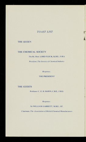 Anniversary dinner : The Adelphi Hotel, Liverpool : Thursday April 13th 1961 at 7.30 for 8 p.m. : the president Sir Alexander Todd, M.A., D.Sc., F.R.S. in the chair / the Chemical Society.