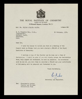 The Royal Institute of Chemistry : patron: H.M. The Queen : 30 Russell Square, London, W.C.1. : [Letterhead].