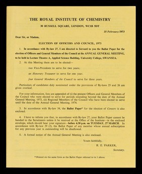 Election of officers and council, 1973 : ...ballot paper / Royal Institute of Chemistry.