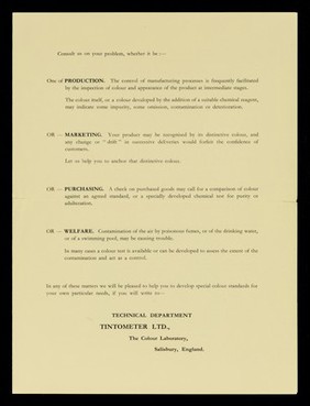 Many problems in industry, commerce, science and medicine can be solved by means of colour and colour-measuring methods : a Lovibond comparator and a set of colour standards may be the answer to your problems / Tintometer Limited.