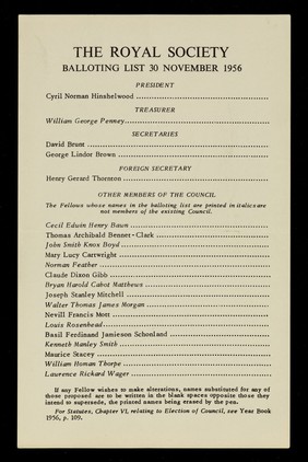 Balloting list 30 November 1956 / The Royal Society.