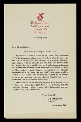 Dear Sir or Madam : year book of the Royal Society, 1954... / E.J. Salisbury, D. Brunt.