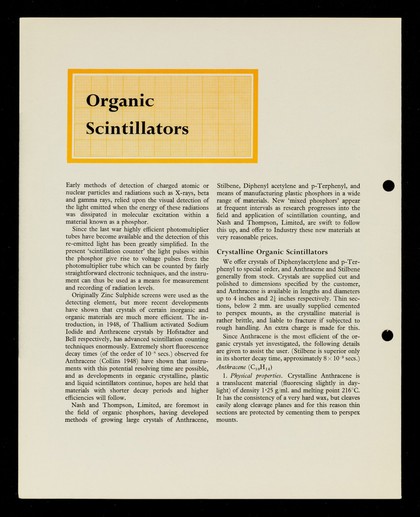 Organic scintillators / Nash and Thompson Limited.