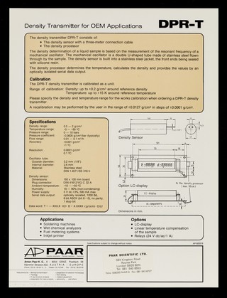 DPR-T : density transmitter for OEM-applications : a measuring system to determine the density of liquids at continuous flow / Anton Paar K.G.