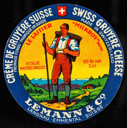 Crème de gruyère suisse : fromage fondu : fabriquée en Suisse : le laitier = Swiss gruyere cheese : made in Switzerland : "Milk Boy" brand / Lemann & Co.