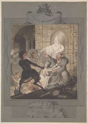 A monk and a statue of Saint Patrick trying to prevent the devil from snatching the corpse of a witch from its grave. Watercolour by E. Bell, 1804.