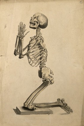 A praying skeleton. Ink and watercolour, 1830/1835?, after W. Cheselden, ca. 1733.