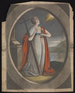 A woman personifying faith, by the sea, holding a cross and a chalice. Coloured mezzotint, 17--.