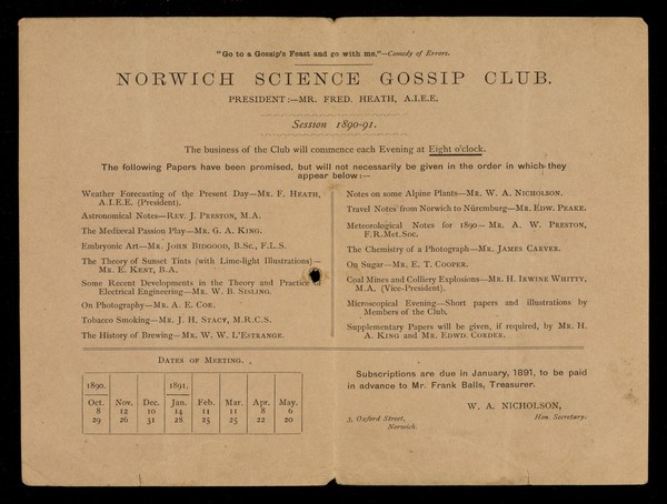 Norwich Science Gossip Club : session 1890-91.