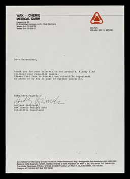 WAK-Chemie Medical GmbH : Hessenring 63, D-61348 BadHomburg v.d.H., West Germany : Telefon 0 61 72/2 20 73 : Telefax 0 61 72/2 03 17.