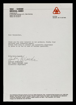 WAK-Chemie Medical GmbH : Hessenring 63, D-61348 BadHomburg v.d.H., West Germany : Telefon 0 61 72/2 20 73 : Telefax 0 61 72/2 03 17.
