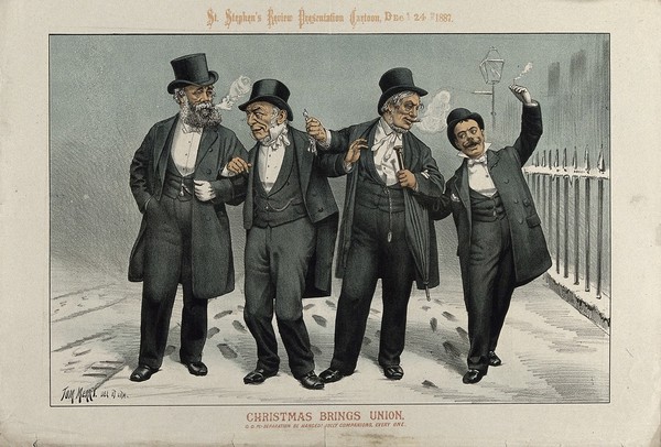 Gladstone and three other politicians involved in Irish politics as Christmas drinking companions. Colour lithograph by Tom Merry, 24 December 1887.