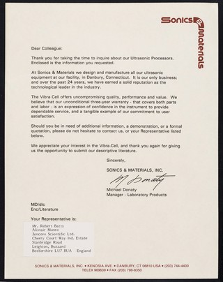 Sonics & Materials : Sonics & Materials, Inc., Kenosia Ave., Danbury, Ct 06810 USA.