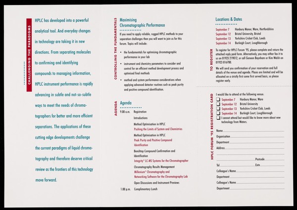 HPLC Forum '95 : Method optimisation for compound confirmation and identification : keeping pace with change : chromatography : realising the possibilities, meeting new challenges, maximising performance / Waters.