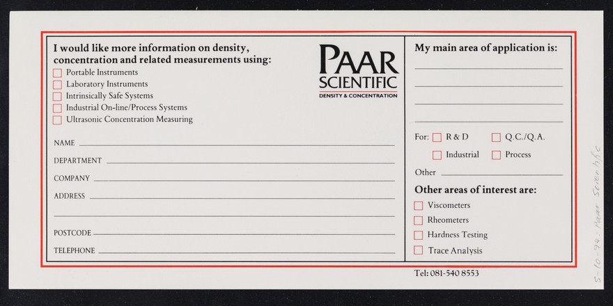 Paar Scientific : 594 Kingston Road, Raynes Park, London SW20 8DN : for urgent response fax to 081-543 8727.