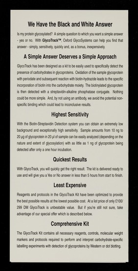 Special offer : is my protein glycosylated? : yes or no / Oxford GlycoSystems Limited.