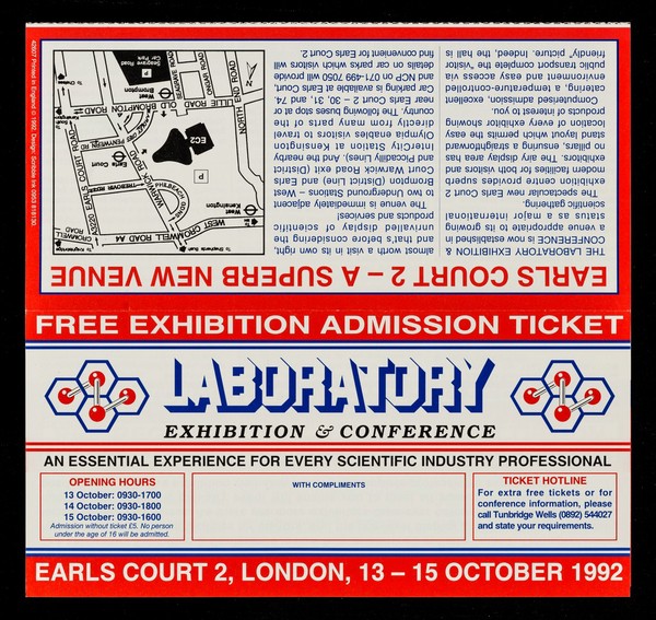 Free exhibition admission ticket : Laboratory exhibition & conference : an essential experience for every scientific industry professional... : Earls Court 2, London, 13-15 October 1992 / organised by The Evan Steadman Communications Group.