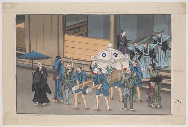 Japanese funeral customs: the cortège leaves the dead man's house for the temple. Watercolour, ca. 1880 (?).