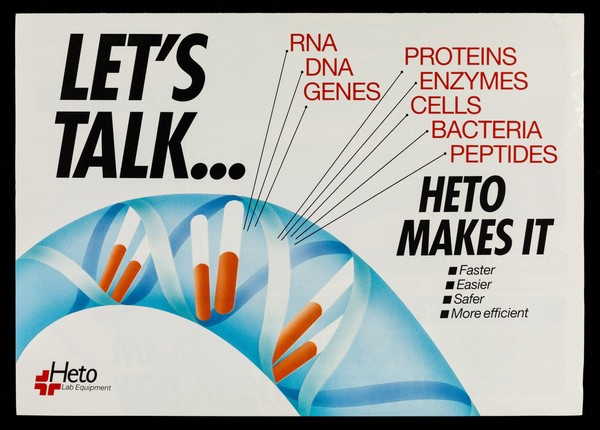 Let's talk... : RNA, DNA, genes, proteins, enzymes, cells, bacteria, peptides : Heto makes it faster, esier, safer, more efficient / Heto-Holten A/S.