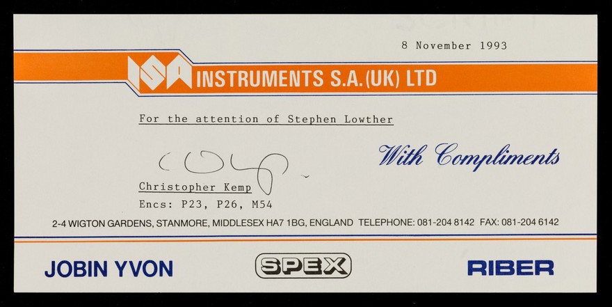 With compliments / ISA Instruments S.A. (UK) Ltd.
