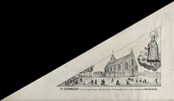 Denderbelle, East Flanders, Belgium: pilgrims visiting the church of Saint Cornelius in search of cures for their nervous disorders. Engraving, ca. 191-.