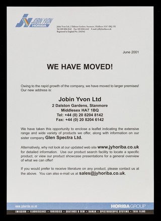 We have moved! / Jobin Yvon Ltd.