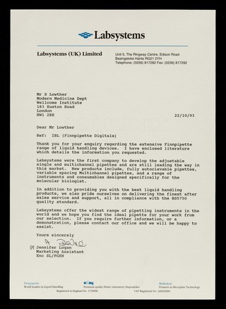 Labsystems : Labsystems (UK) Limited, Unit 5, The Ringway Centre, Edison Road, Basingstoke, Hants RG21 2YH.