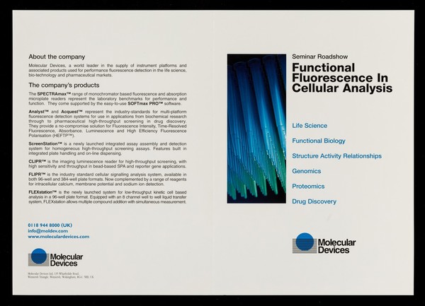 Seminar roadshow : functional fluorescence in cellular analysis : life science, functional biology, structure activity relationships, genomics, proteomics, drug discovery / Molecular Devices.