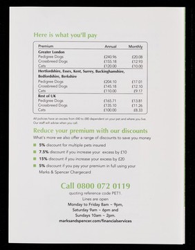 Pet insurance : only the best for your pet : lifetime cover* for cats and dogs / Marks & Spencer Financial Services.