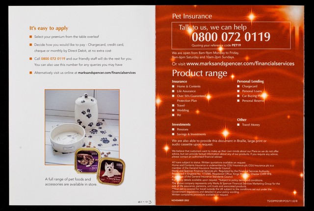 Pet insurance : This Christmas give your pet a healthy future / Marks & Spencer Financial Services.