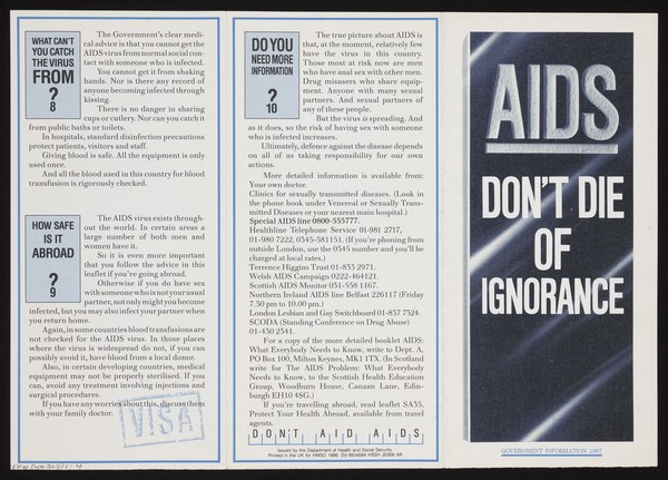 AIDS : don't die of ignorance : government information 1987 / issued by the Department of Health and Social Security.