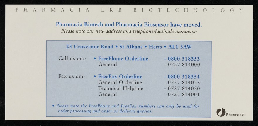 Pharmacia Biotech and Pharmacia Biosensor have moved : please note our new address and telephone/facsimile numbers... / Pharmacia LKB Biotechnology.