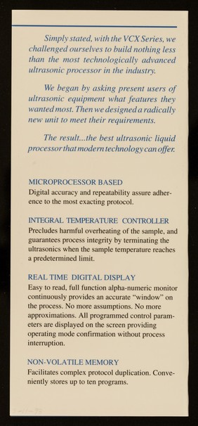 Introducing Vibracell VCX series : a sophisticated ultrasonic liquid processor for today's laboratory / Sonics & Materials, Inc.