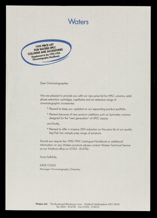 Waters : 1995 price list for Waters HPLC columns and accessories (supplement to the 1993-1994 chromatography handbook) / Waters Ltd.
