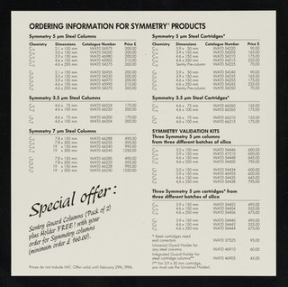 To: all scientists involved in HPLC method development from Waters Ltd. : date November 1995 : subject Symmetry special offer valid until February 29th, 1996 / Don Fairley.