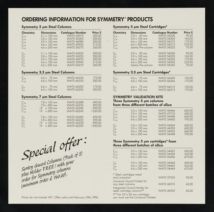 To: all scientists involved in HPLC method development from Waters Ltd. : date November 1995 : subject Symmetry special offer valid until February 29th, 1996 / Don Fairley.