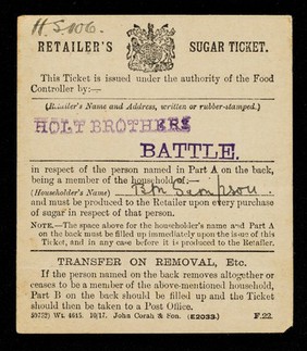 Retailer's sugar ticket / issued under the authority of the Food Controller.