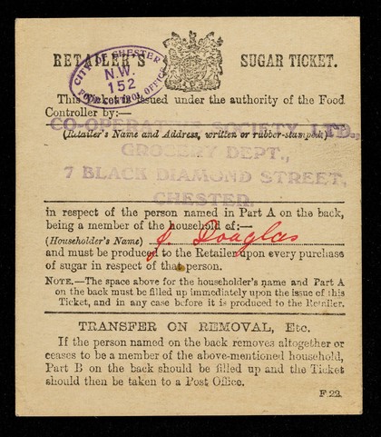 Retailer's sugar ticket / issued under the authority of the Food Controller.