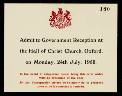 Admit to Government Reception at the Hall of Christ Church, Oxford, on Monday, 24th July, 1950.