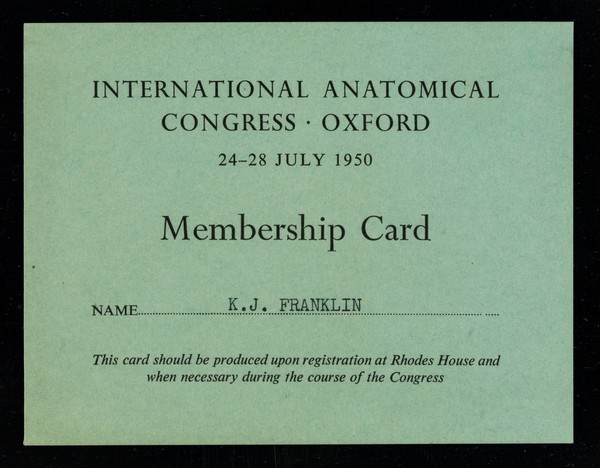International Anatomical Congress, Oxford : 24-28 July 1950 : membership card.