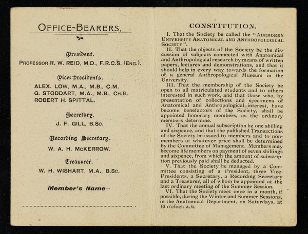 University of Aberdeen : the Anatomical and Anthropological Society : 1903-1904 : [membership card].