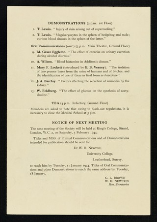 The Physiological Society : University College Hospital meeting : 27 November 1943 / G.L. Brown, W.H. Newton.