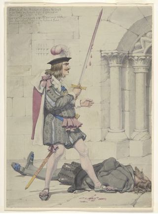 King Richard III holds a bloody sword, the dead body of King Henry VI lies on the ground. Watercolour by Richard Dadd, 1853.