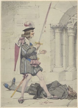 King Richard III holds a bloody sword, the dead body of King Henry VI lies on the ground. Watercolour by Richard Dadd, 1853.