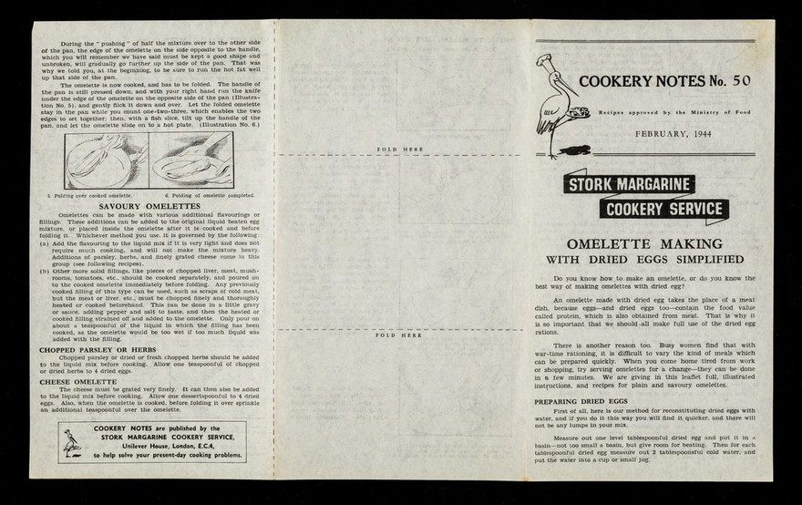 Omelette making with dried eggs simplified / Stork Margarine Cookery Service.