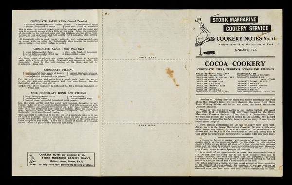 Cocoa cookery : chocolate cakes, puddings, icings and fillings / Stork Margarine Cookery Service.