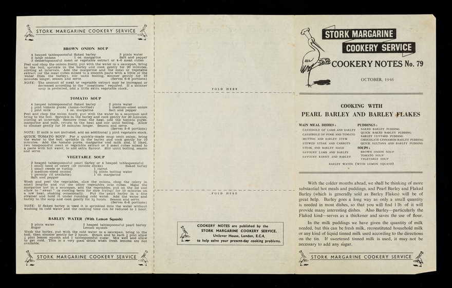 Cooking with pearl barley and barley flakes / Stork Margarine Cookery Service.