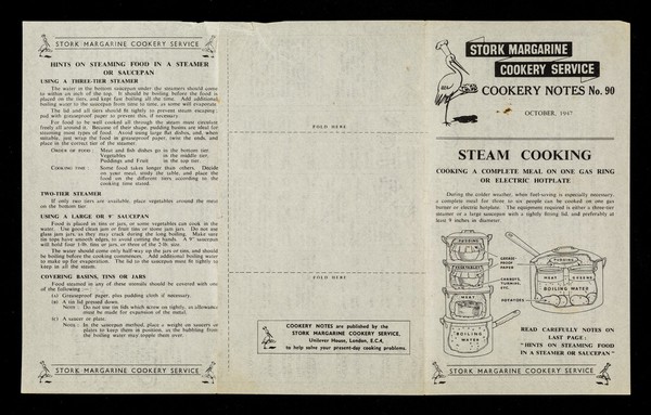 Steam cooking : cooking a complete meal on one gas ring or electric hotplate / Stork Margarine Cookery Service.